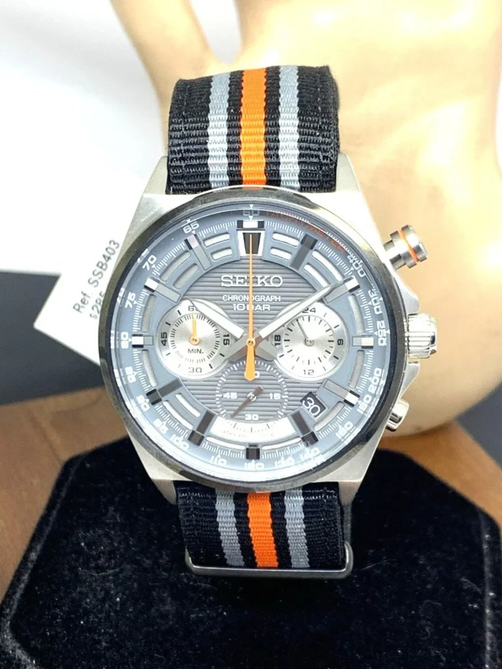 Seiko Men's Watch SSB403 Quartz Chronograph Gray Dial Nylon Strap 41mm